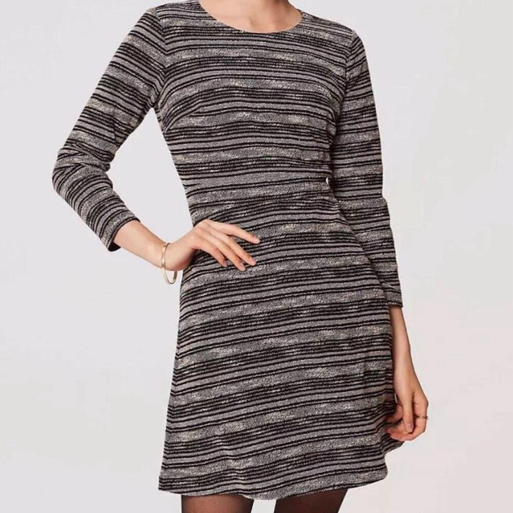 Ann Taylor LOFT Dress Sz 6P Gray‎ Black Spacedye Tweed Stripe Lagen Punk Work